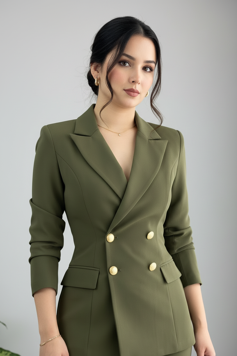 Conjunto Dos Piezas Verde Oliva — Blazer Doble Botonadura Dorada & Pantalón Palazzo cod.894
