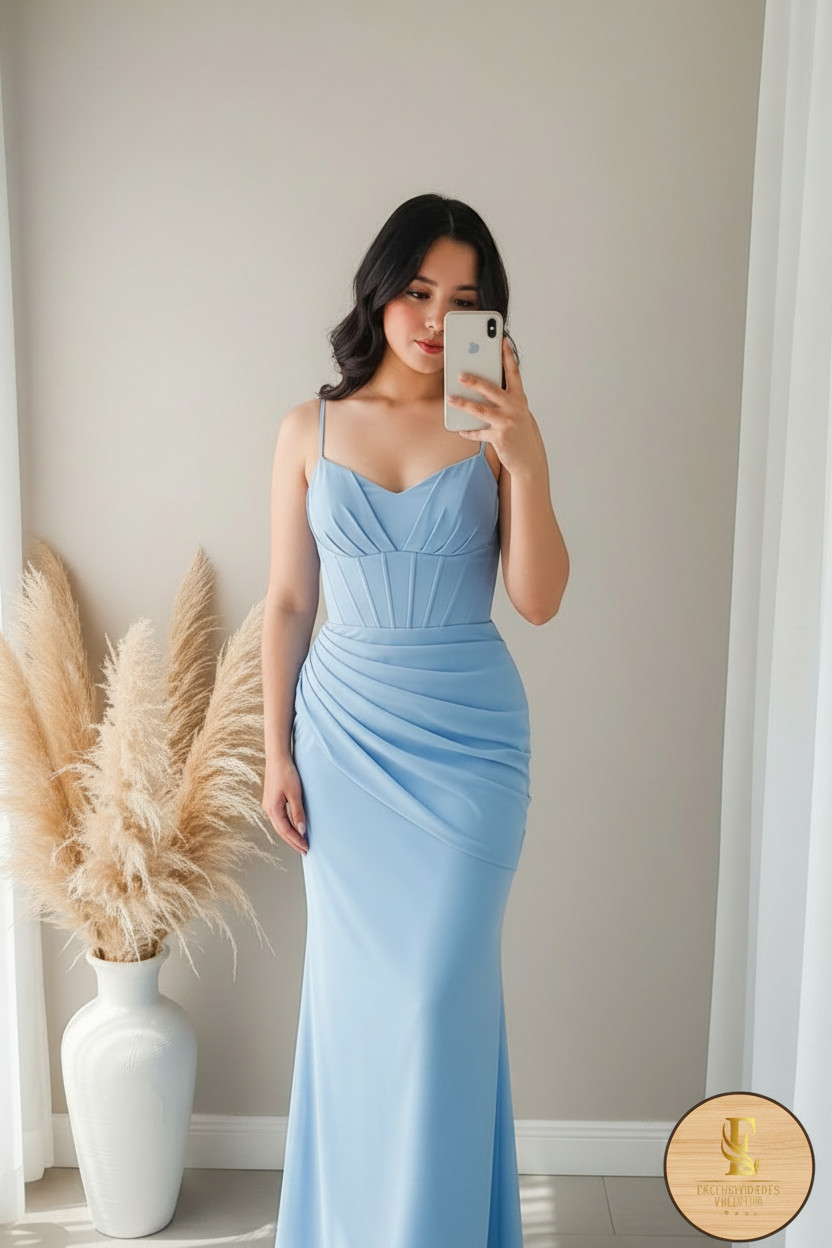 Vestido Azul Cielo Tiritas Corsé Drapeado Sirena cod.00108