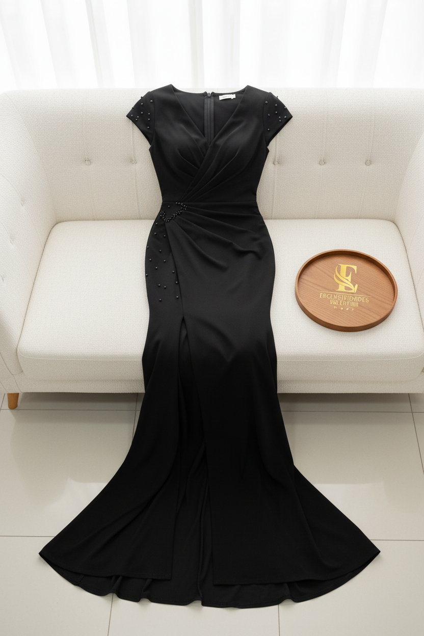 Vestido Negro Perlas Abertura cod.001