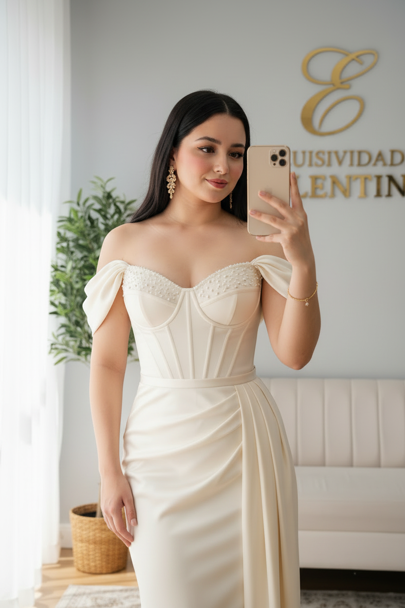 Vestido Ivory Off-Shoulder Corset Drapeado Slit Gala cod.V586