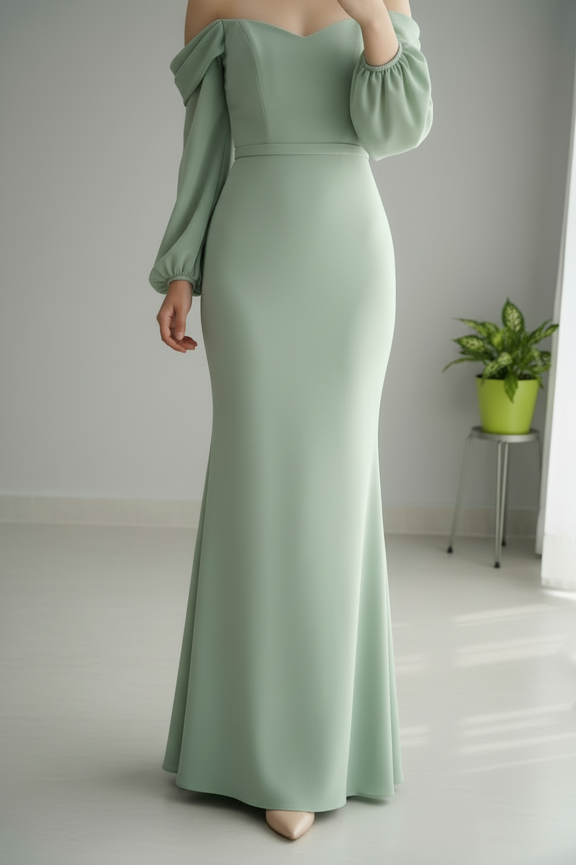 Vestido Verde Salvia Off-Shoulder Mangas Globo Sirena cod.731