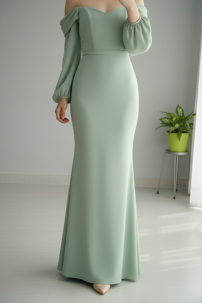 Vestido Verde Salvia Off-Shoulder Mangas Globo Sirena cod.731