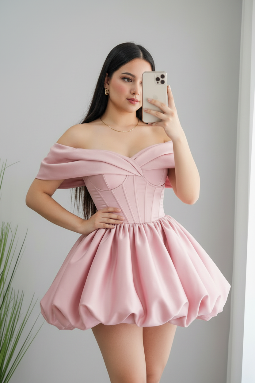 Vestido Rosa Off-Shoulder Corsé con Falda Bubble cod.974