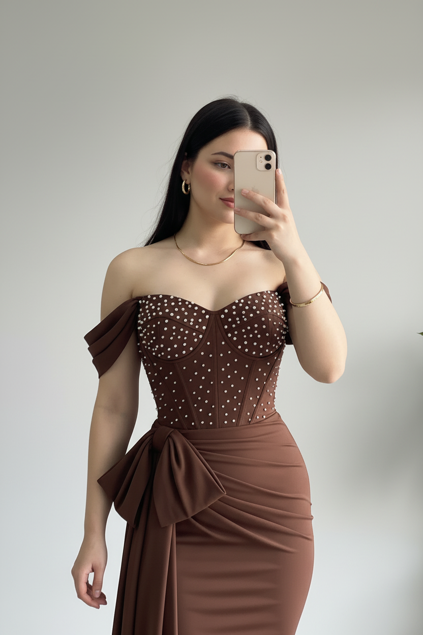 Vestido Formal Café Chocolate Off-Shoulder Corset con Perlas y Lazo