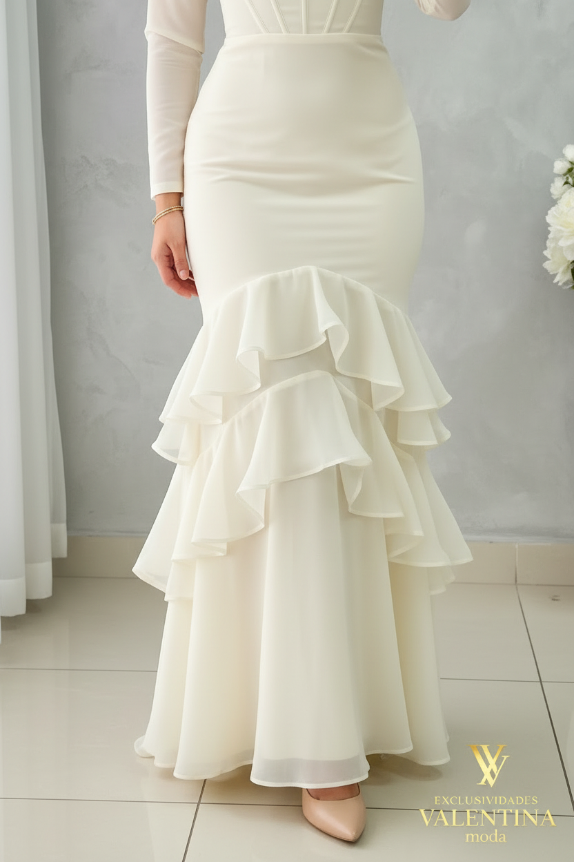 Vestido Blanco Marfil Manga Larga Corset con Volantes en Cascada cod.V537