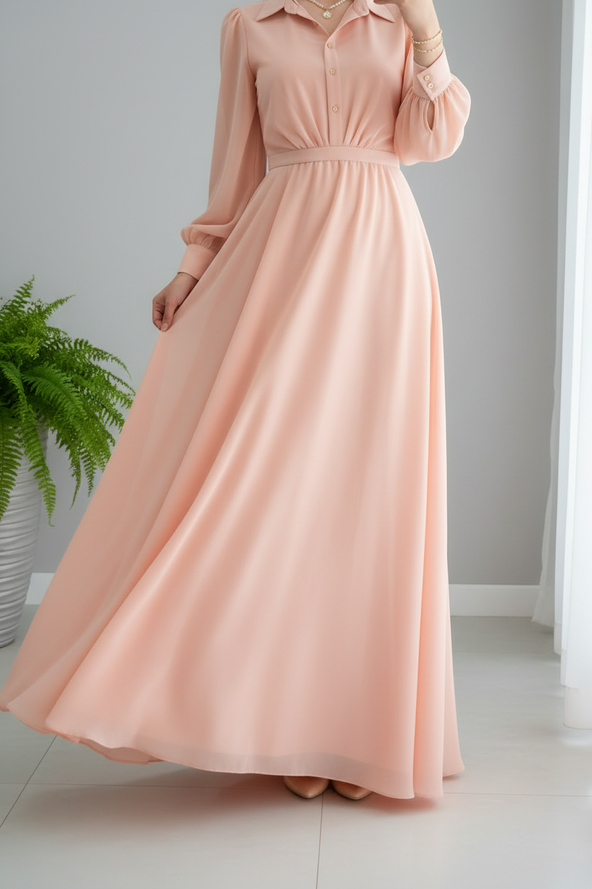 Vestido Peach Rosa Salmon Manga Abullonada Cuello Camisero Cintura Fruncida A-Line cod.829