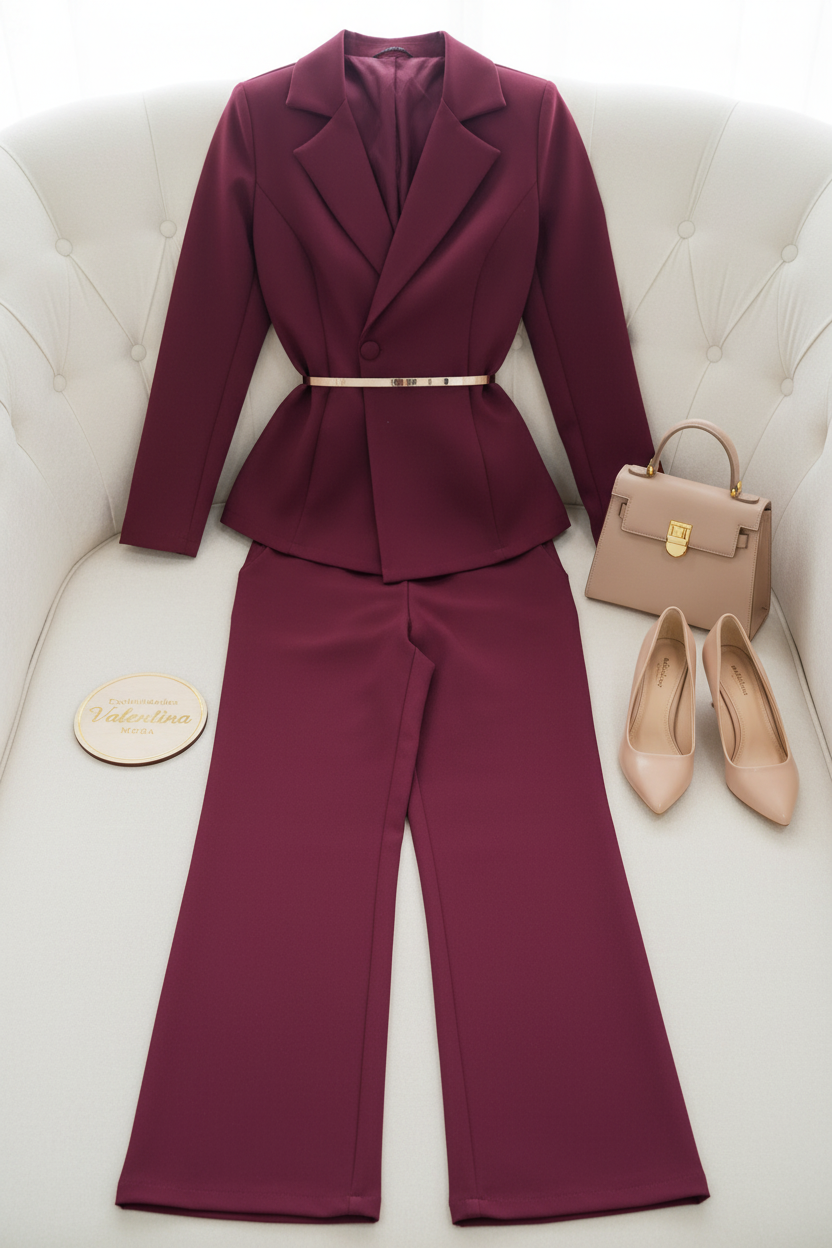 Conjunto 2 Piezas Vino Borgoña Blazer Peplum Asimétrico y Palazzo cod.00143