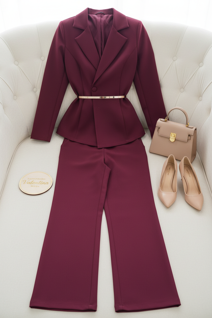 Conjunto 2 Piezas Vino Borgoña Blazer Peplum Asimétrico y Palazzo cod.00143