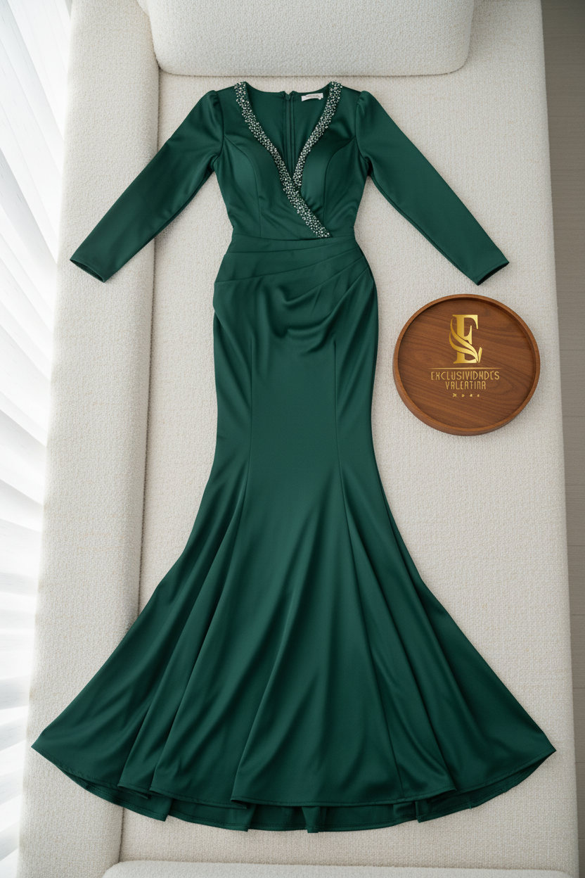 Vestido Verde Esmeralda Manga Larga Cuello V Perlas cod.0020
