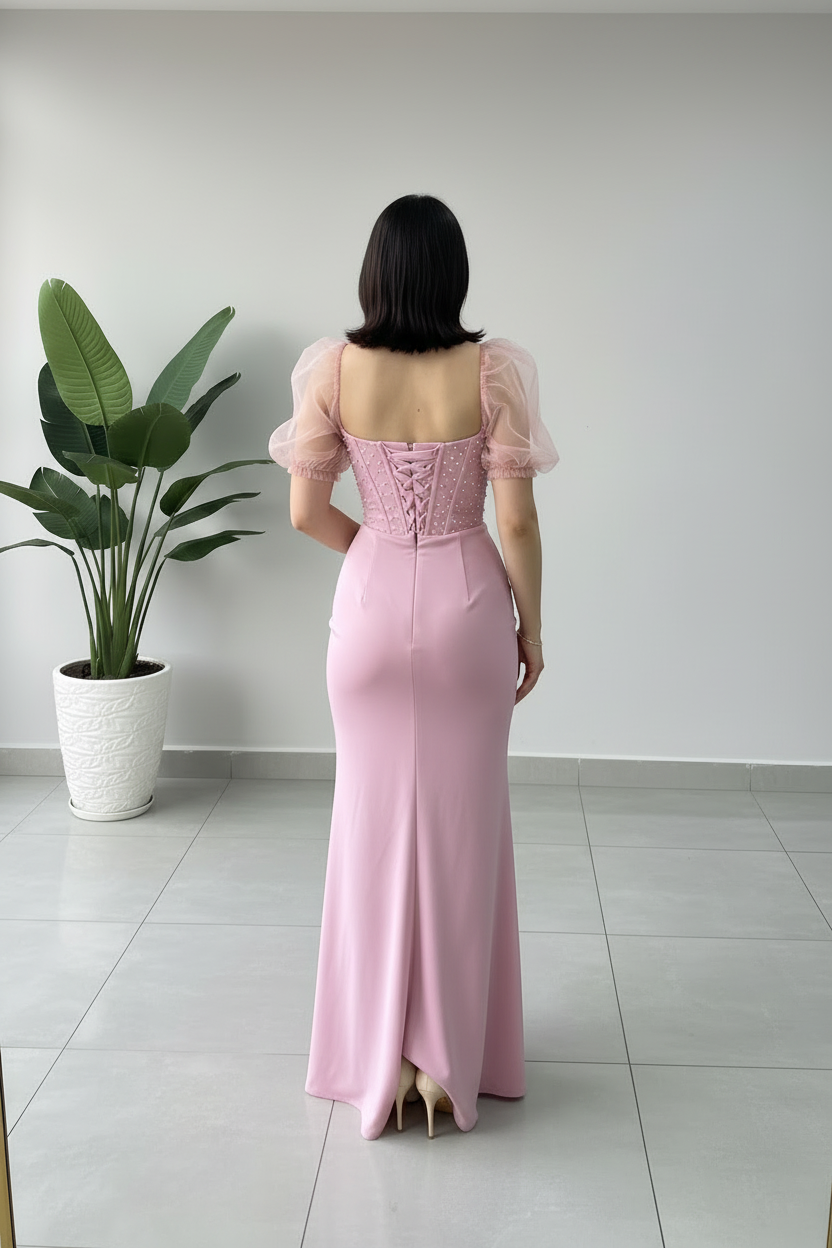 Vestido Formal Rosa Corset con Mangas Tul y Perlas cod.502