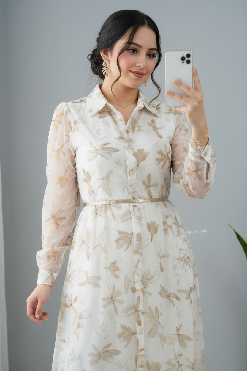 Vestido Libélulas Doradas — Chiffon Botones & Manga Larga cod.80