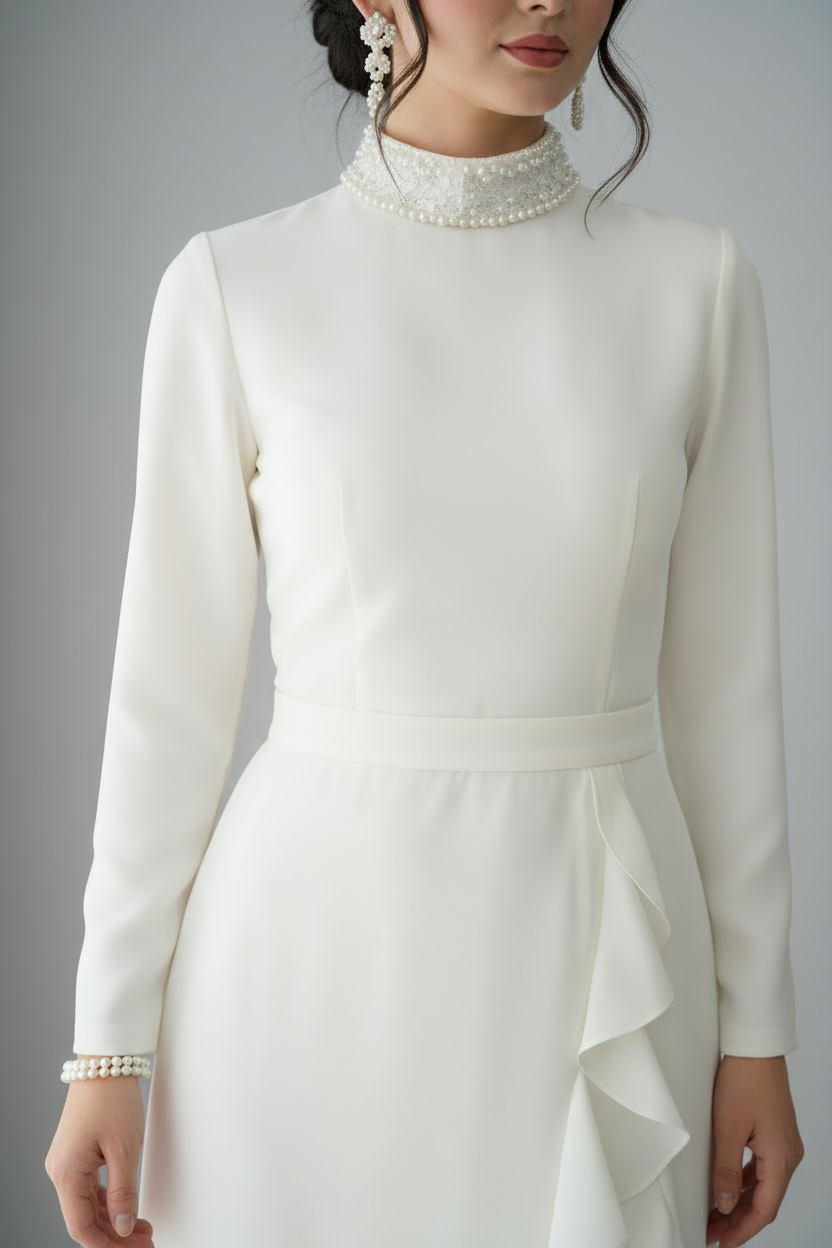 Vestido Blanco Marfil Cuello Alto Perlas Manga Larga Abertura Ruffle cod.828