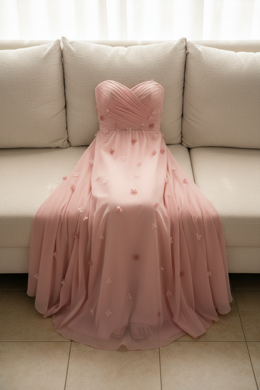 Vestido Gala Rosa Palo Flores 3D Corset Corazón cod.V0028