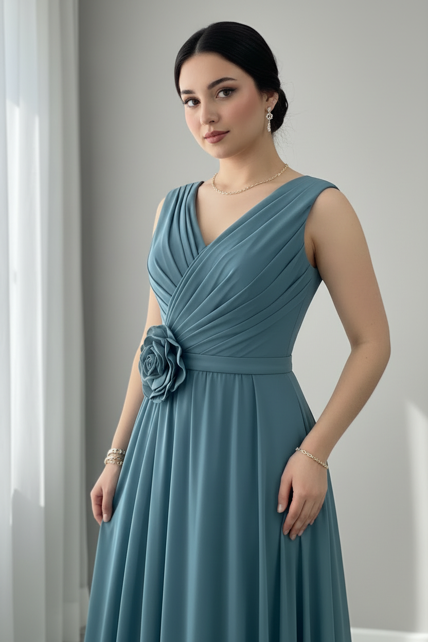 Vestido Largo Azul Acero — Escote V Cruzado, Rosa 3D Cintura & Abertura Frontal cod.886