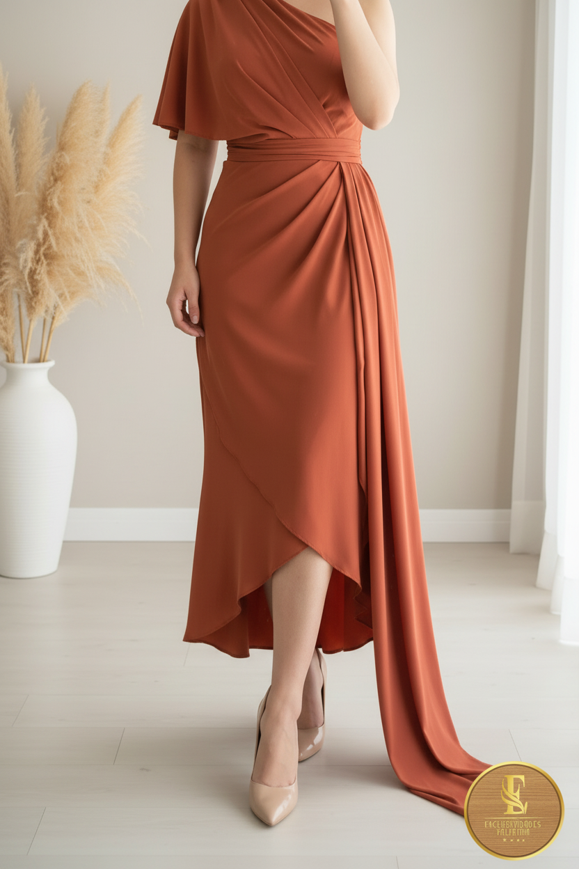 Vestido Terracota Asimétrico Un Hombro cod.0088