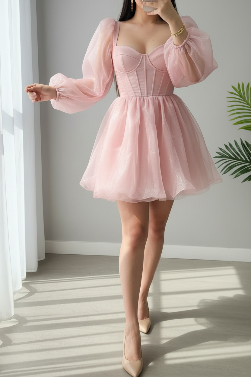 Vestido Rosa Pastel Corsé Manga Puff Bishop con Falda Organza Mini cod.983