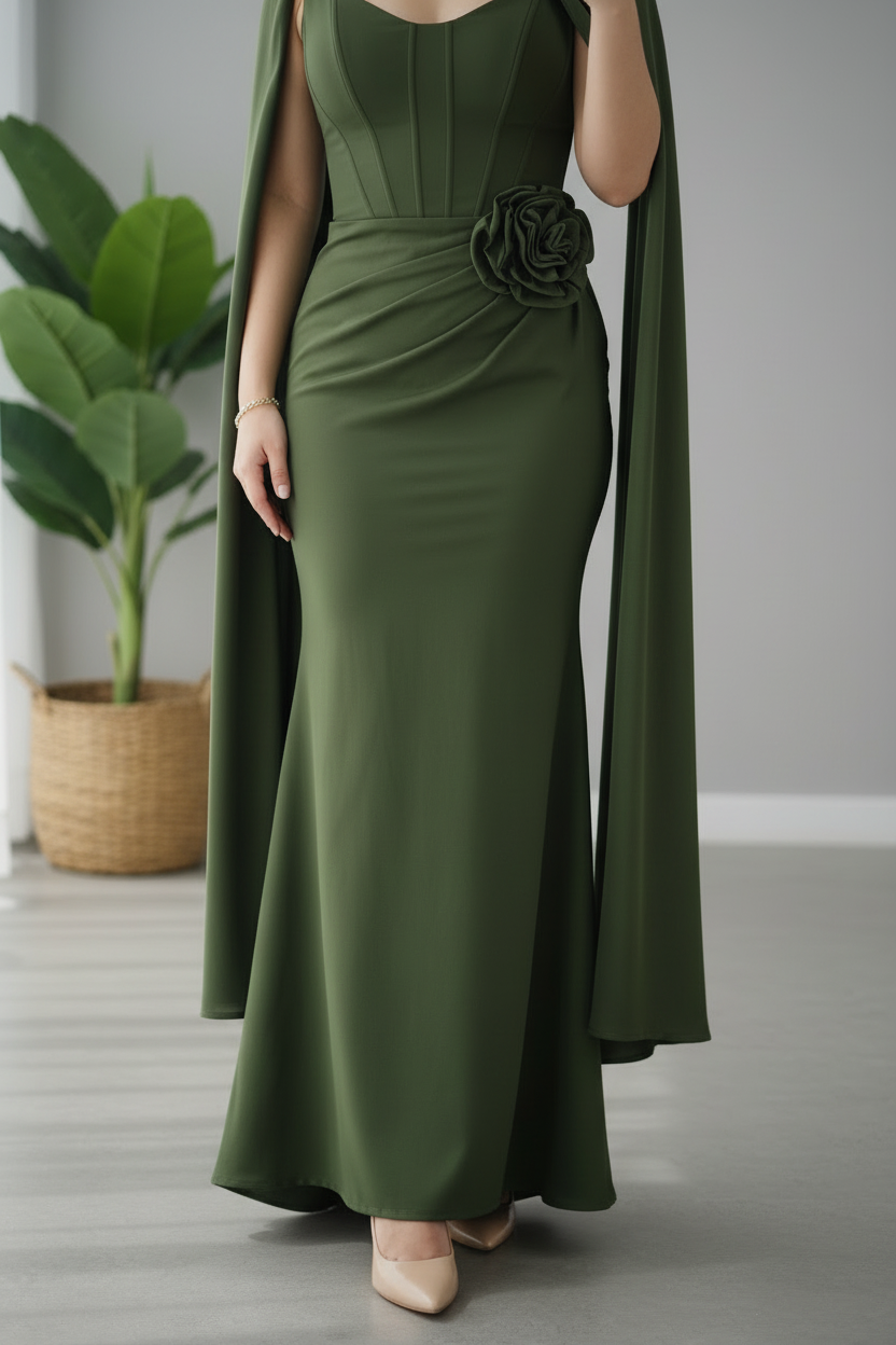 Vestido Verde Olivo Sirena con Capa y Rosa 3d cod.718