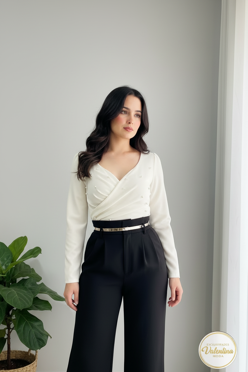 Blusa Blanca Cruzada Escote Corazón Manga Larga cod.00133