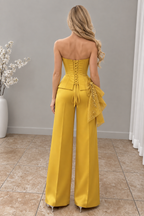 Conjunto Amarillo Dorado Blusa Corset Strapless Lazo Tul Perlas + Pantalón Recto cod.CJ004