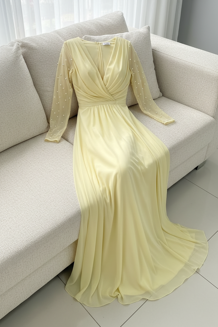 Vestido Amarillo Pastel Manga Larga Tul Perlas Abertura cod.V691