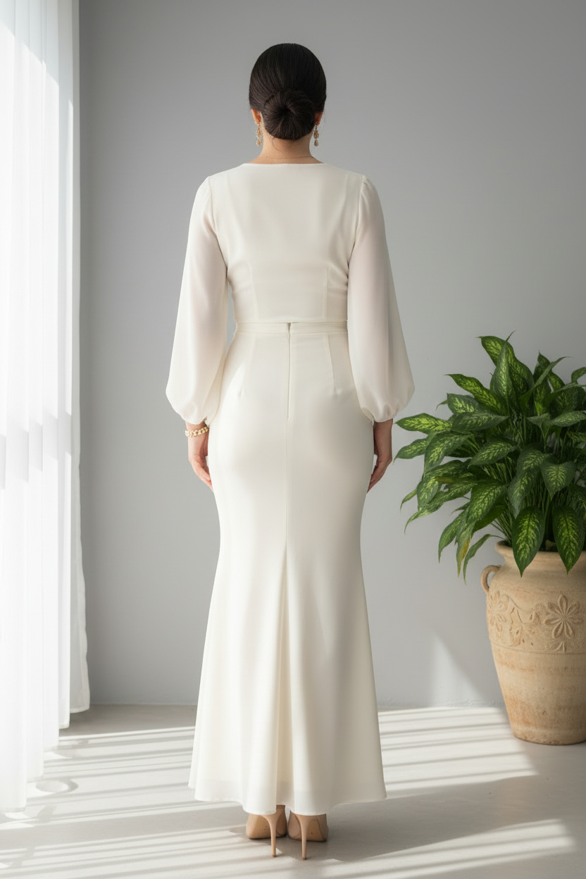 Conjunto Dos Piezas Blanco Marfil Top Wrap Escote V Manga Bishop Falda Sirena cod.841
