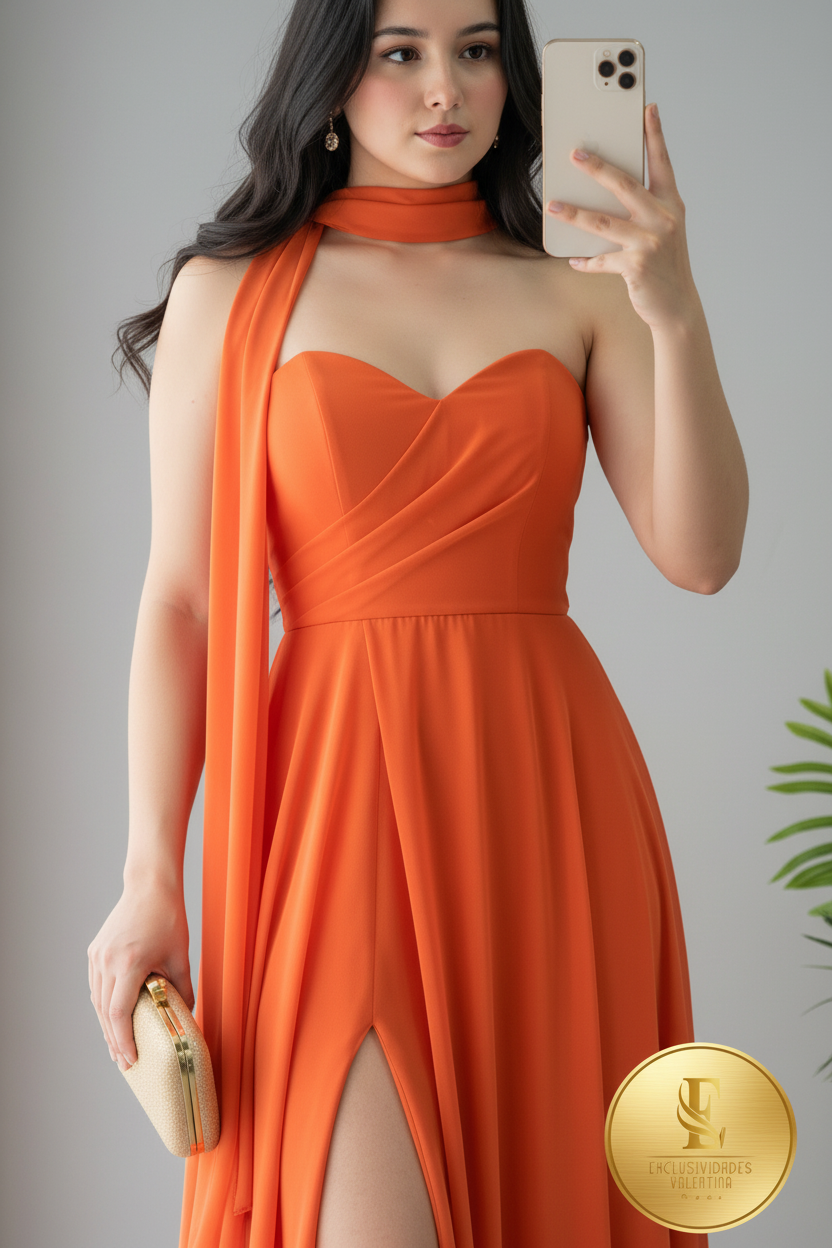 Vestido Naranja Halter Escote Corazón A-Line Abertura cod.00106