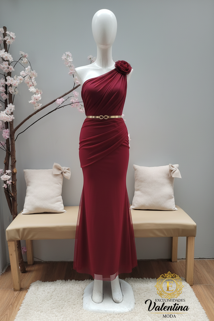 Vestido Sirena Un Hombro Burdeos Rosa D cod.V399