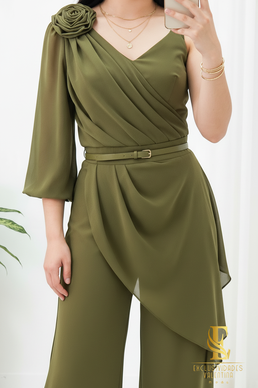 Jumpsuit Verde Oliva Escote V Rosa 3D Capa Drapeada Palazzo cod.C295