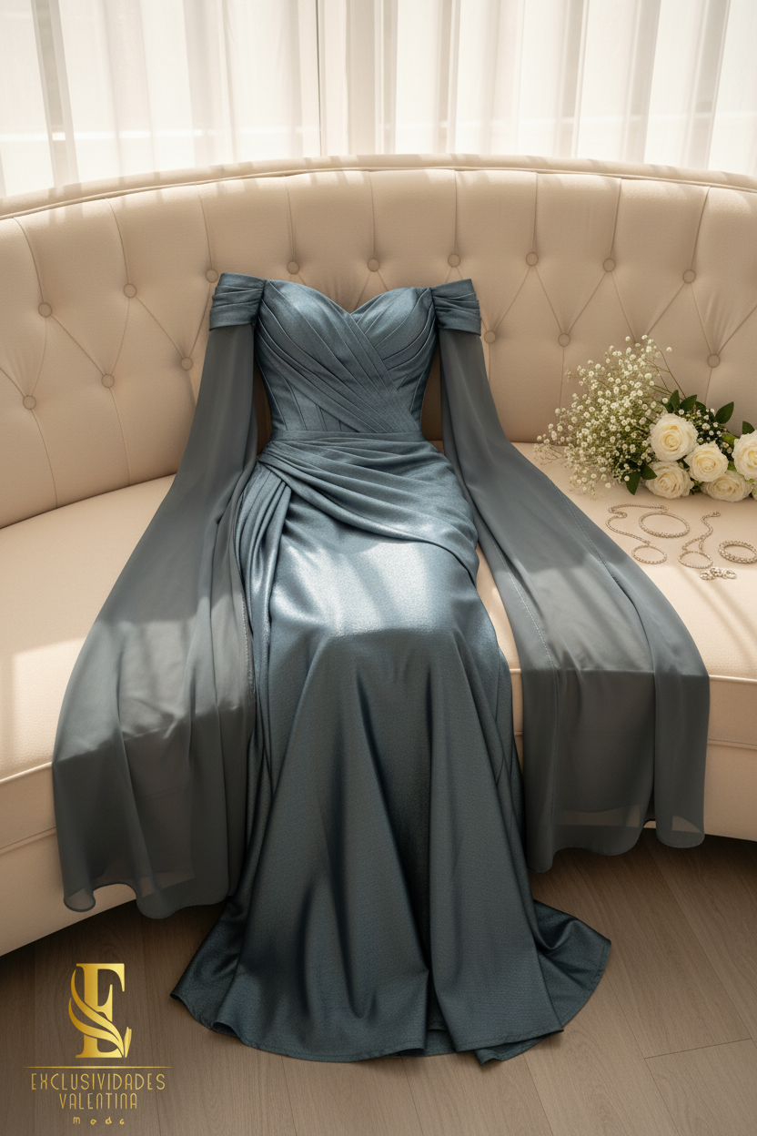 Vestido Azul Acero Off-Shoulder con Mangas Campana Largas cod.V676