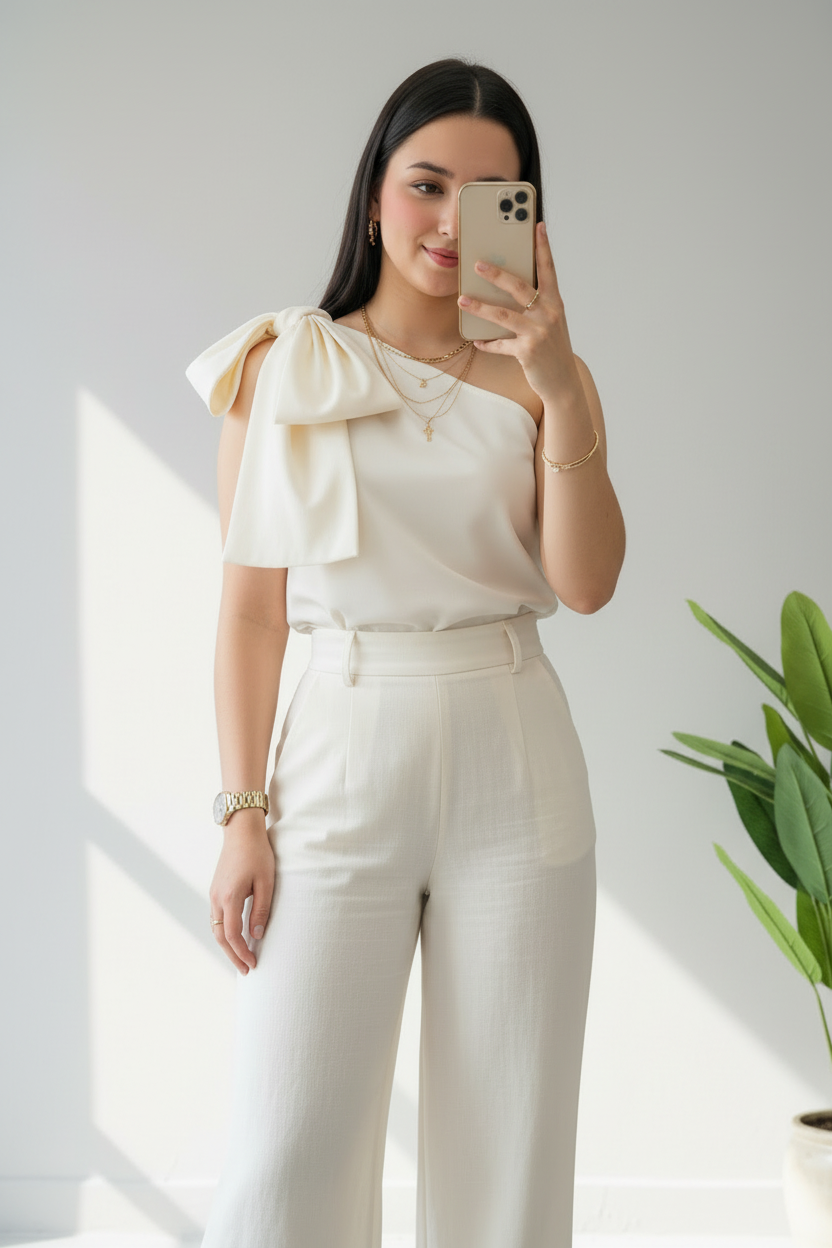 Conjunto Ivory One-Shoulder Bow & Palazzo cod.583