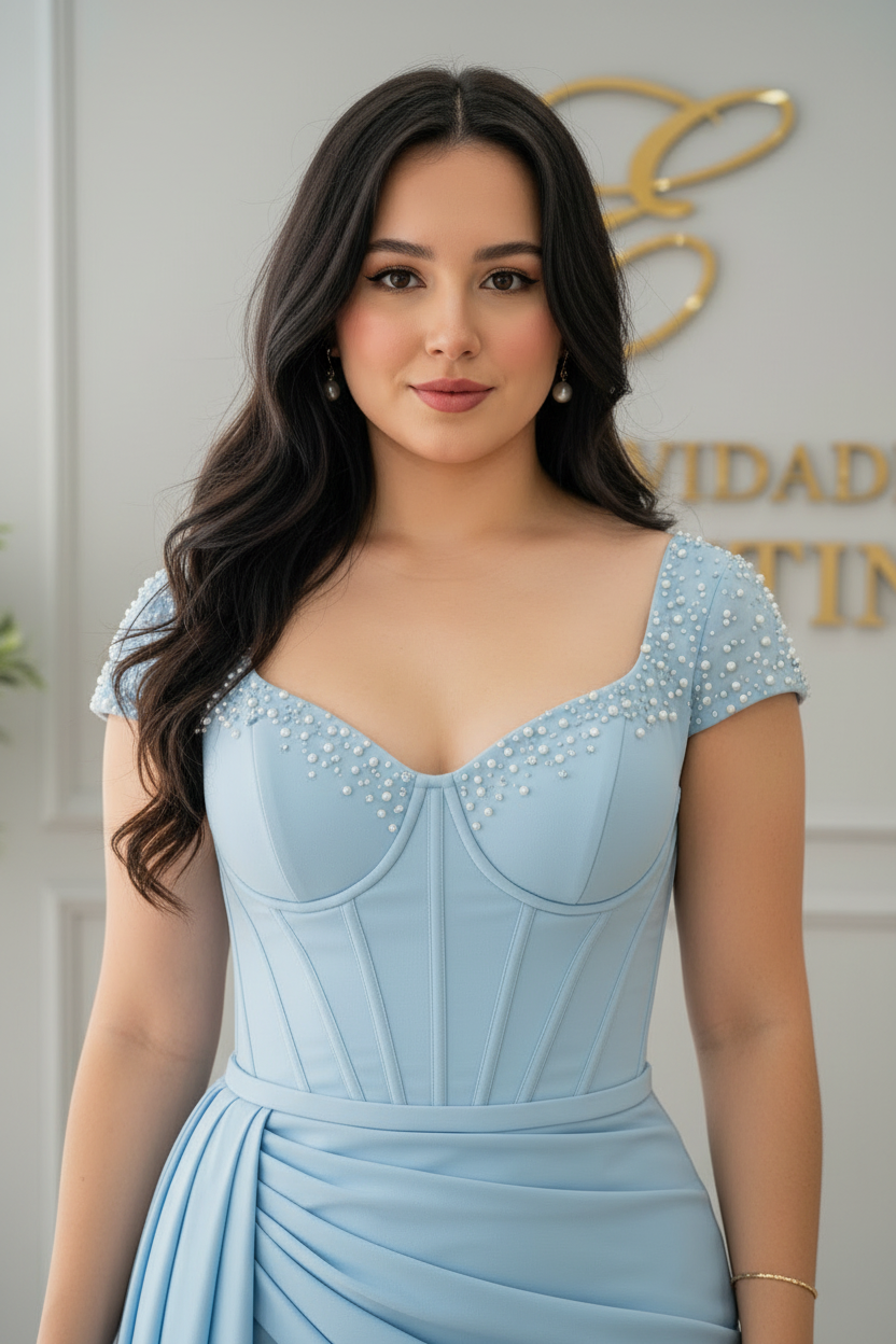 Vestido Azul Cielo Corset Manga Larga con Perlas y Drapeado Lateral cod.V609