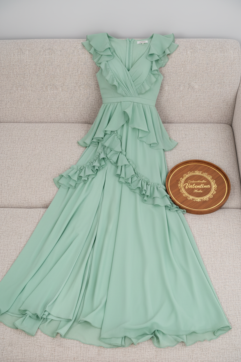 Vestido Verde Menta Maxi con Volantes y Abertura cod.953