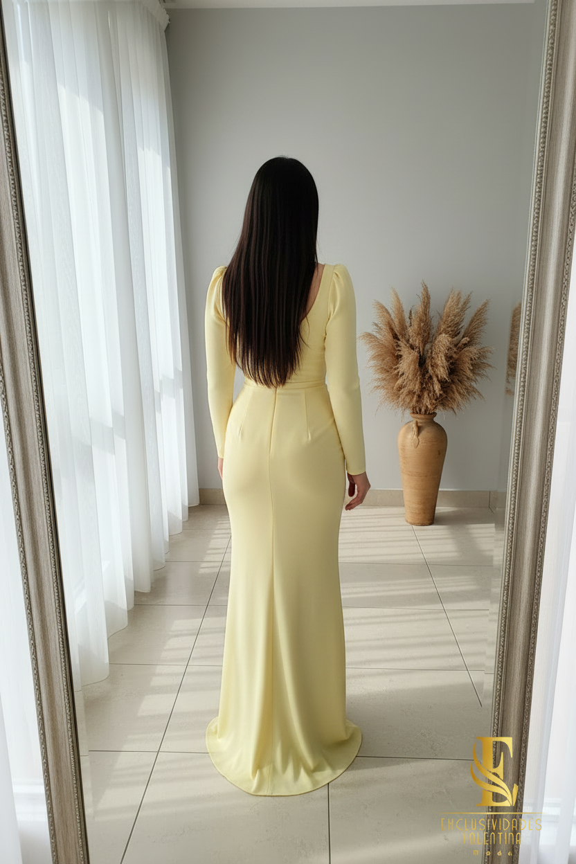 Vestido Sirena Amarillo Pastel | Manga Larga con Pedrería y Drapeado cod.V501