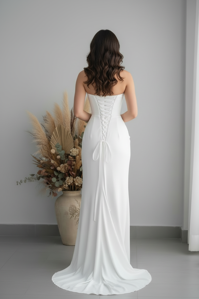 Vestido Blanco Strapless Drapeado con Abertura Lateral cod.V678