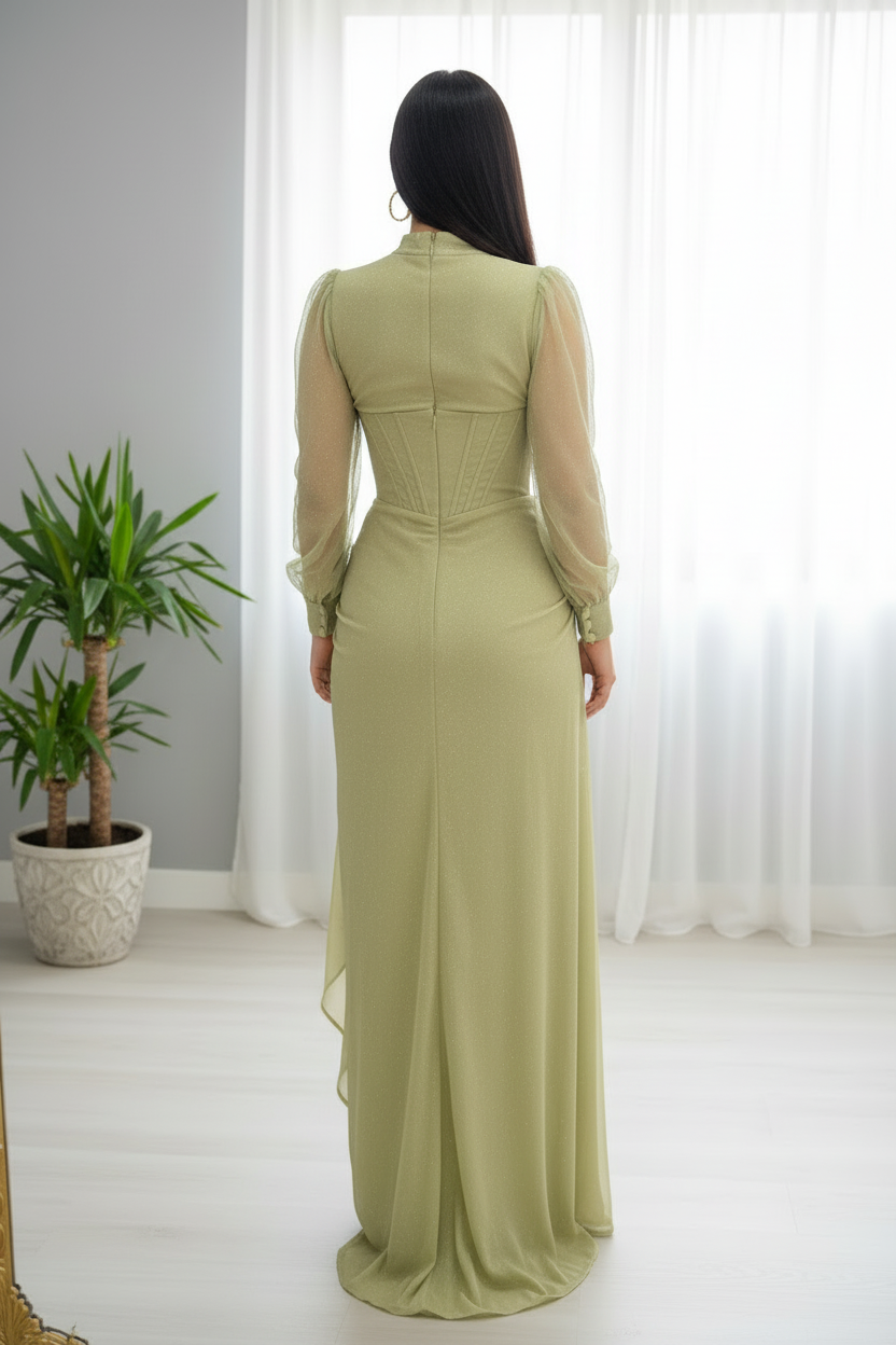 Vestido Verde Sage Cuello Alto Mangas Tul Corset y Falda Drapeada con Abertura cod.764