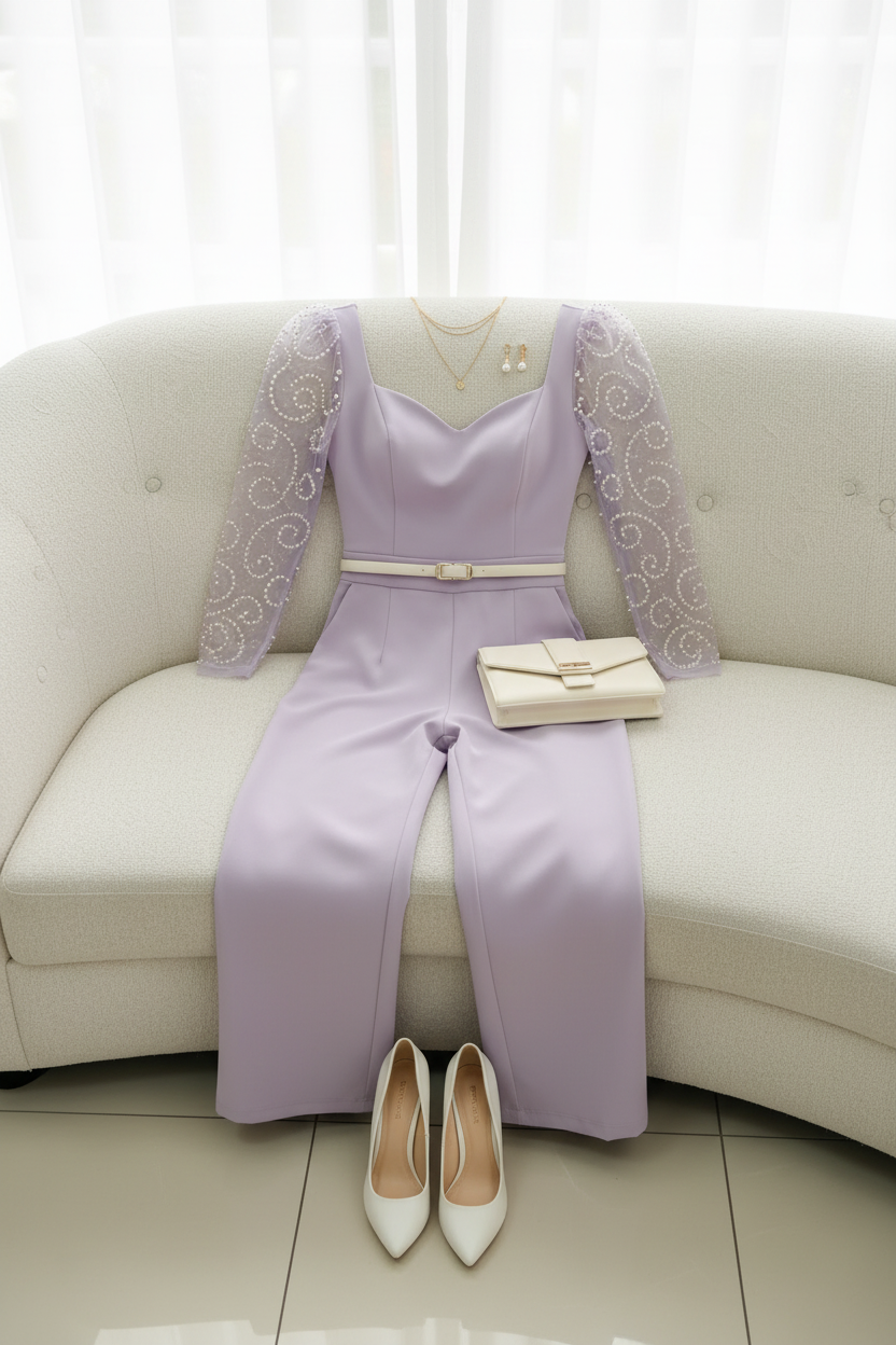 Enterizo Lavanda Mangas de Tul con Perlas cod.E545