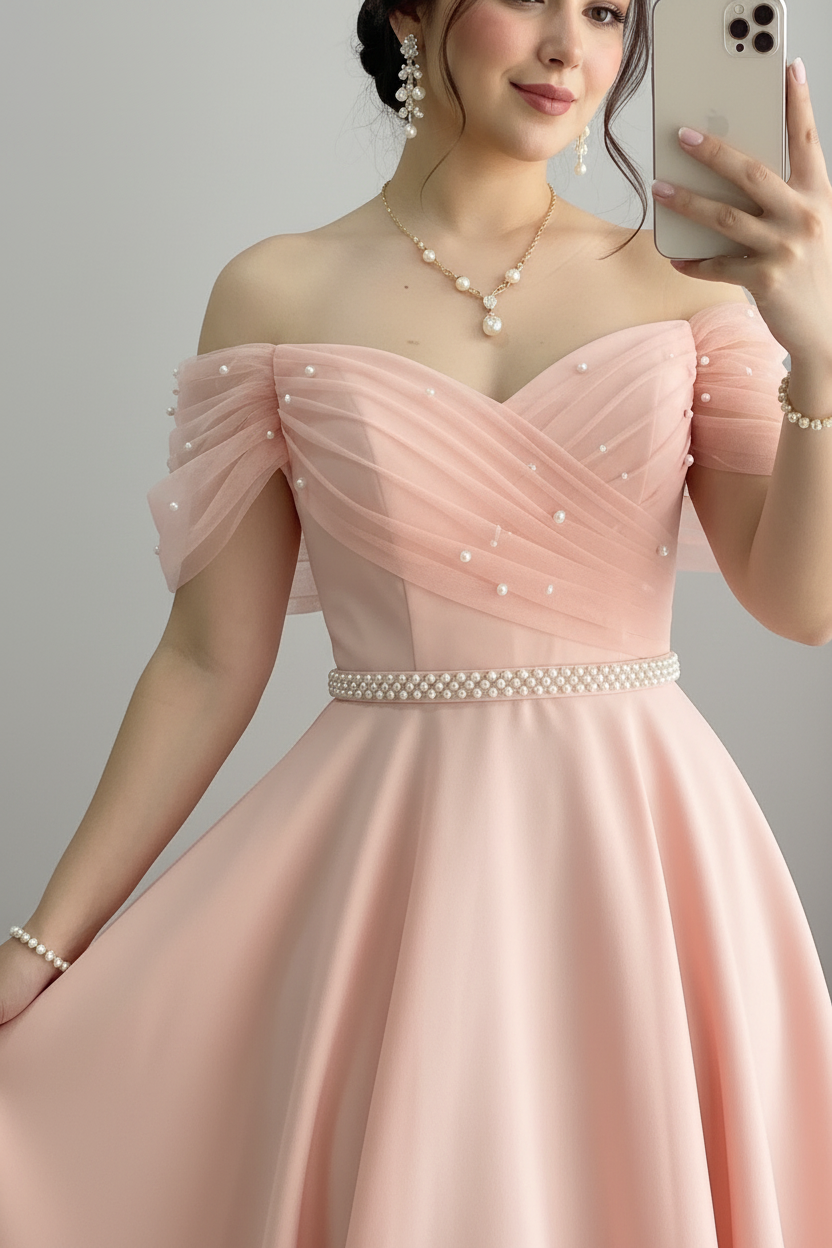 Vestido Rosa Blush Peach Off-Shoulder Manga Tul Perlas Cinturon Falda A-line Tea Length cod.839