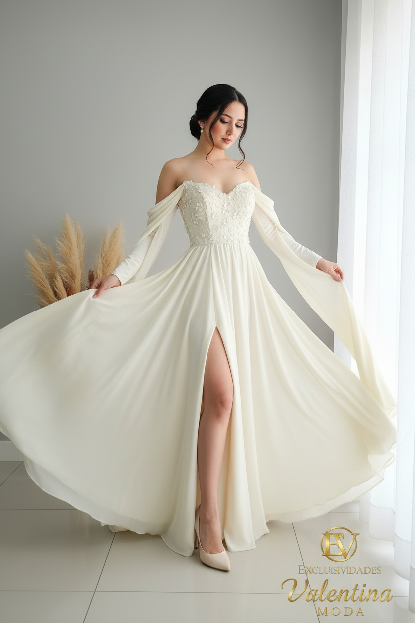 Vestido Novia Ivory Off Shoulder Mangas Fluidas Abertura cod.V401