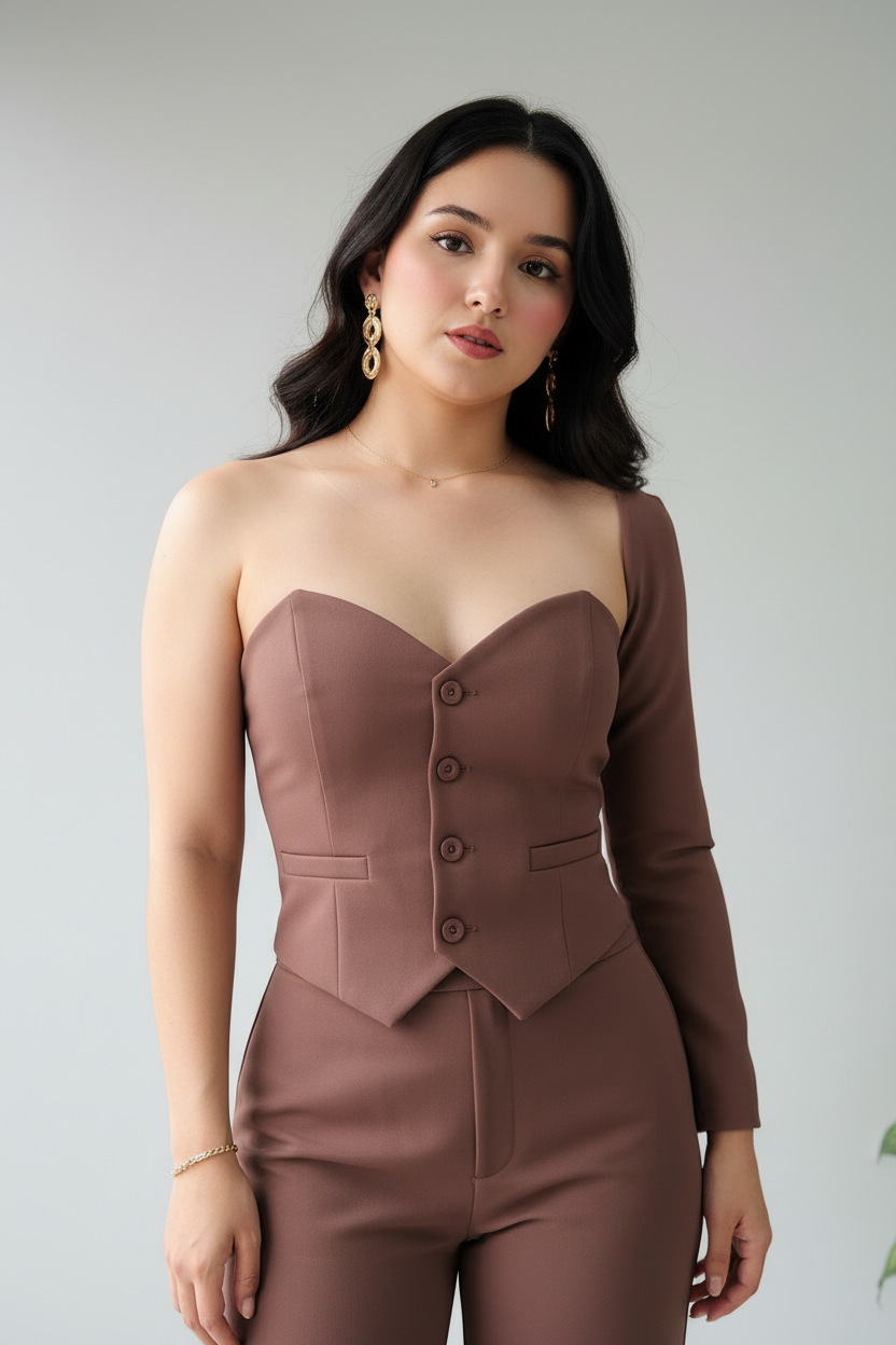 Conjunto Mocha Corset – Top Corazón con Manga & Pantalón Palazzo cod.668