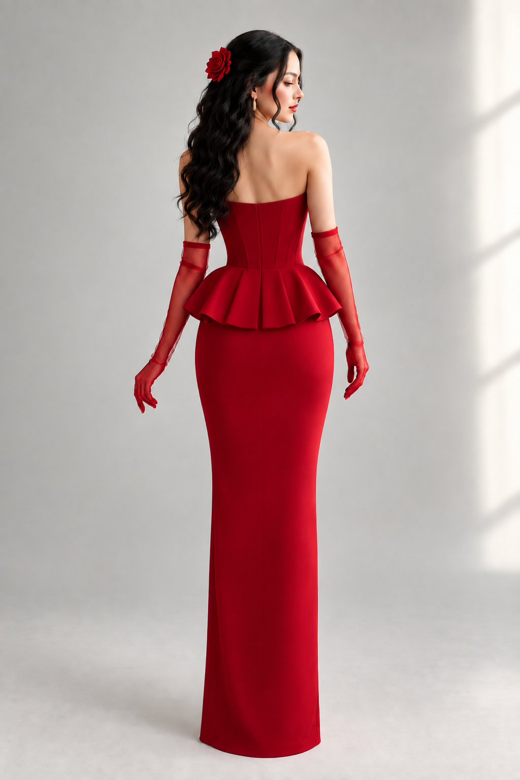 conjunto Gala Rojo Strapless Corset Perlas Peplum Lazo Guantes Tul cod.V0036