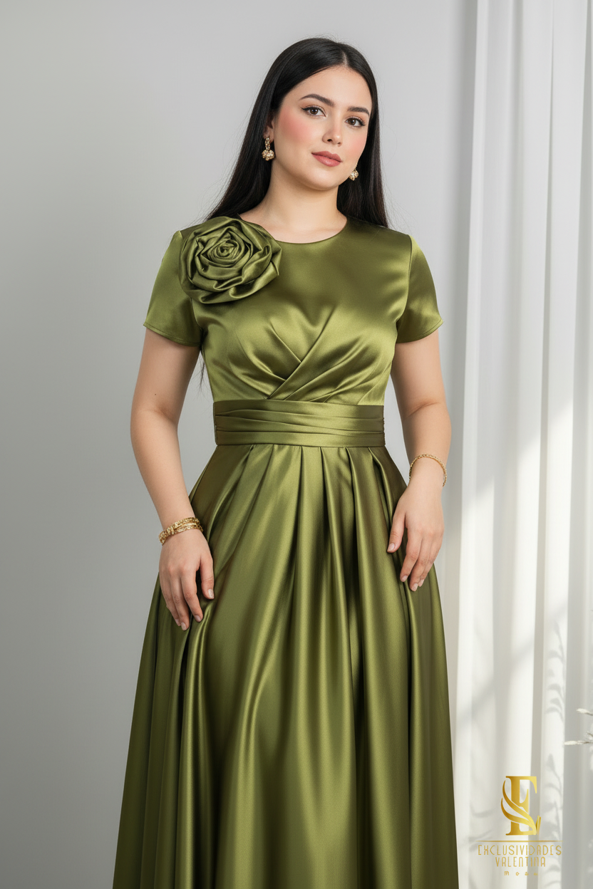 Vestido Satinado Verde Olivo con Rosa