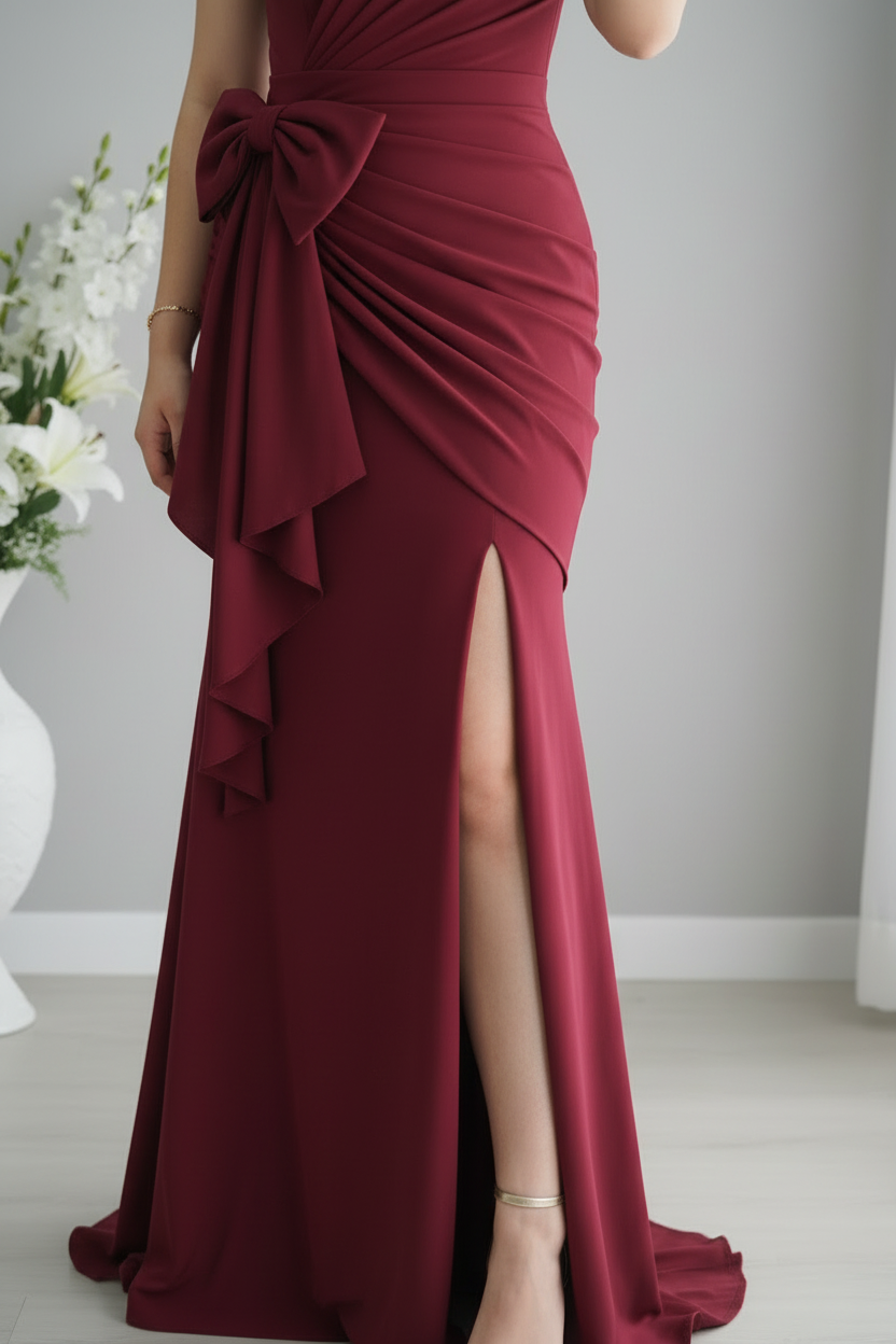 Vestido Vino Borgoña Un Hombro Sin Mangas Lazo Drapeado Abertura Cola cod.V0052