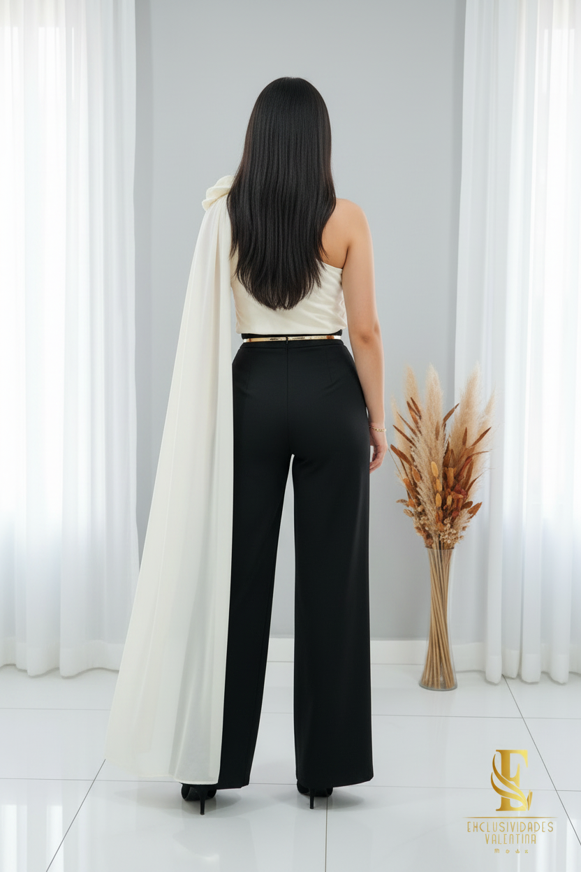 Conjunto Ivory y Negro Top Un Hombro Rosa 3D Capa Tul + Palazzo cod.C300