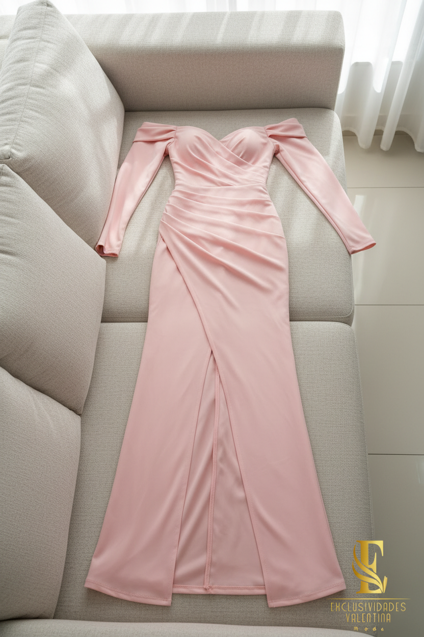 Vestido Rosado Off-Shoulder Manga Larga Drapeado cod.V346