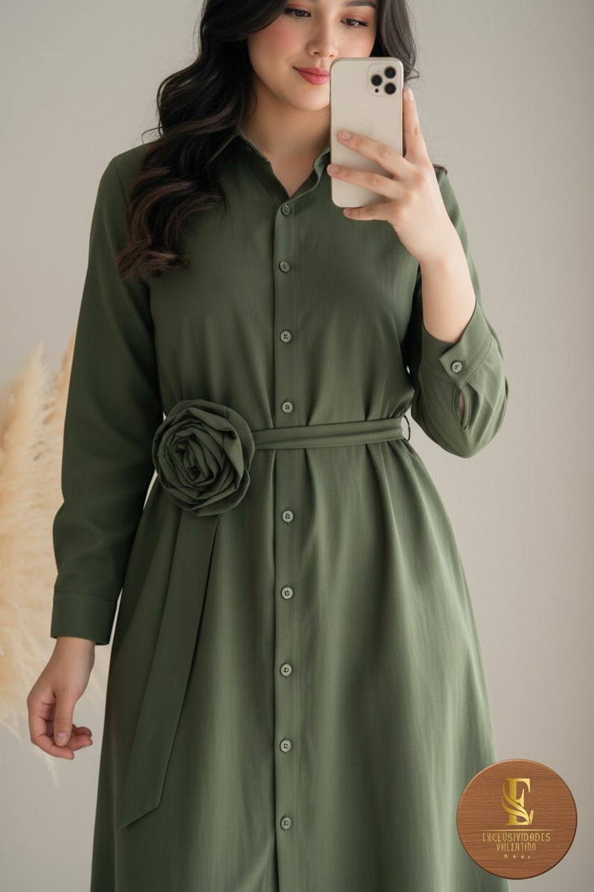Vestido Camisero Verde Olivo Rosa D cod.0086