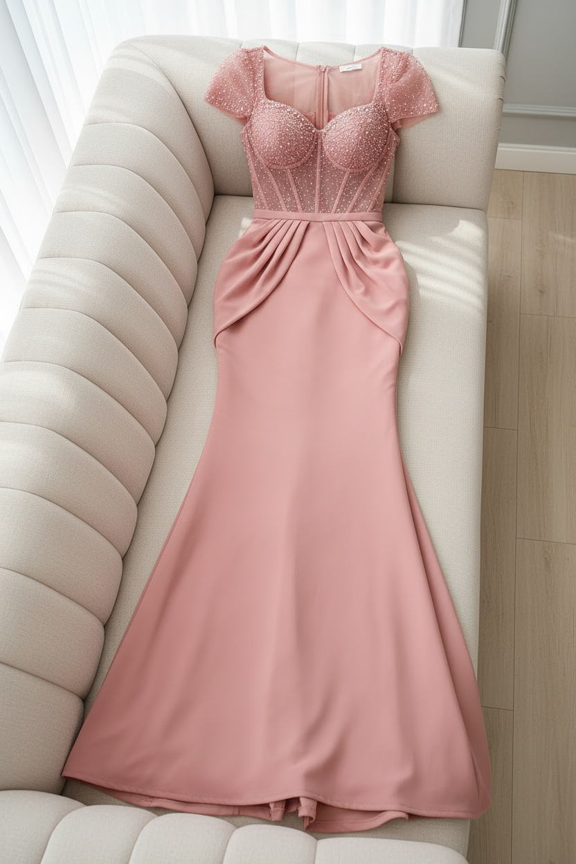 Vestido Rosa Palo — Corset Bordado con Pedrería y Drapeado Sirena cod.V631