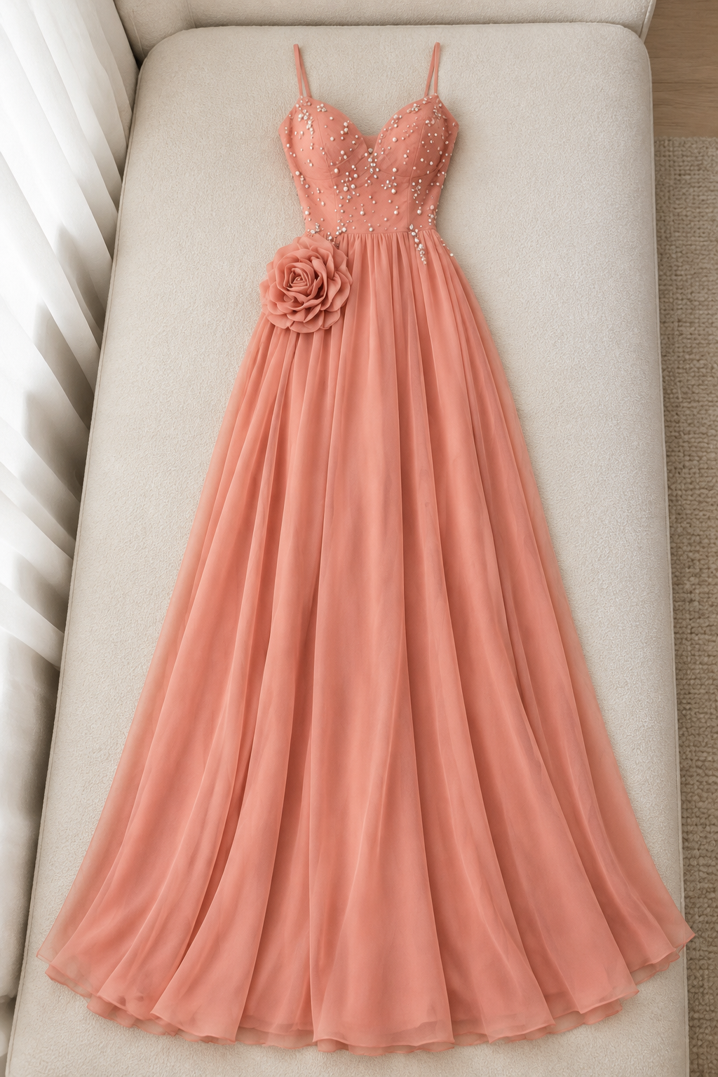 Vestido largo coral con pedrería y flor 3D cod. VC023
