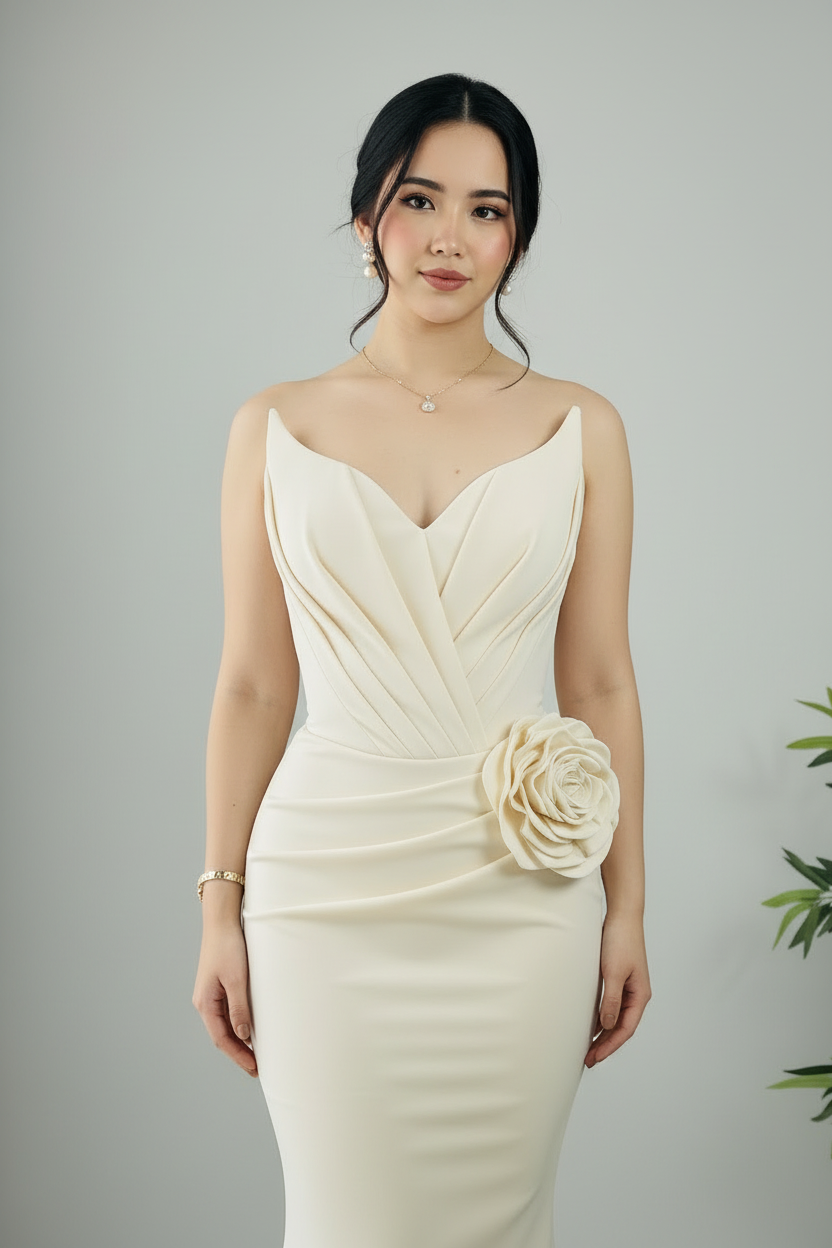 Vestido Sirena Marfil — Escote V, Tirantes Finos, Rosa 3D Cadera & Espalda Corset cod.898