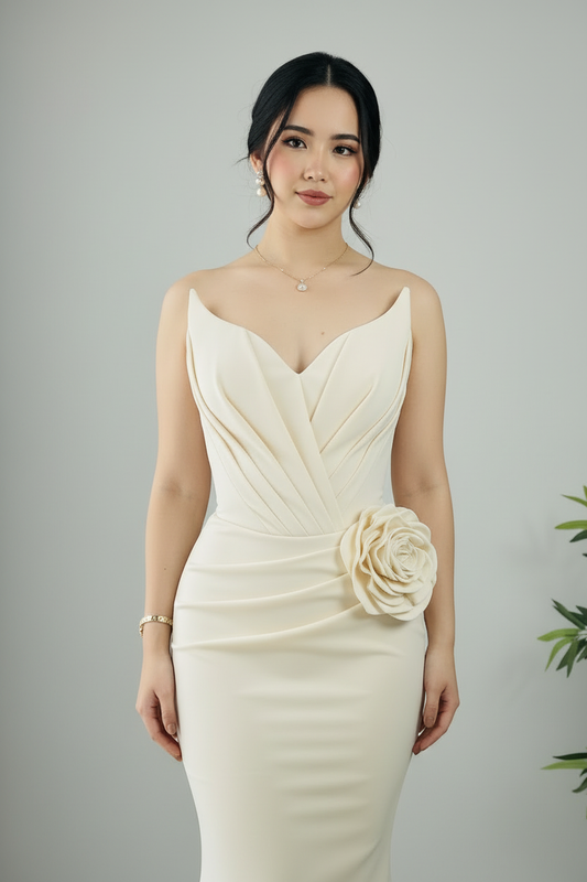 Vestido Sirena Marfil — Escote V, Tirantes Finos, Rosa 3D Cadera & Espalda Corset cod.898