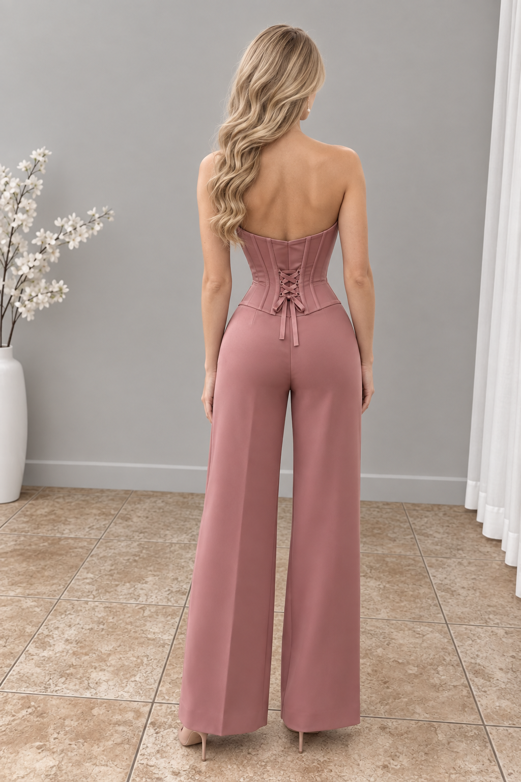 conjunto Rosa Terracota Corset Flor 3D Strapless Pantalón Recto cod.E0008